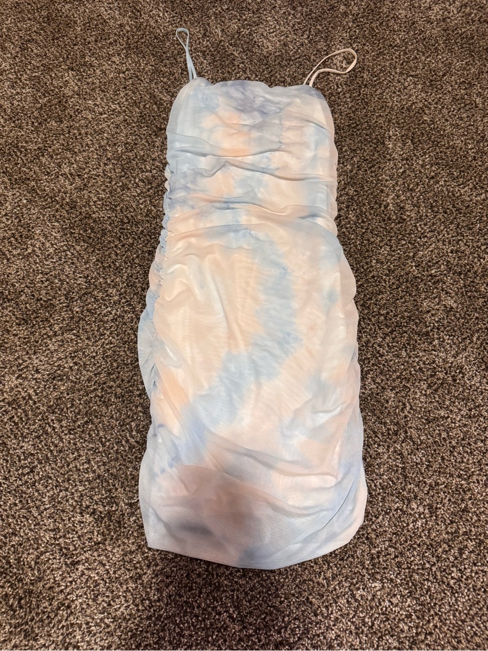 Le Lis Light Blue and Peach Tie-Dye Ruched Slip Dress